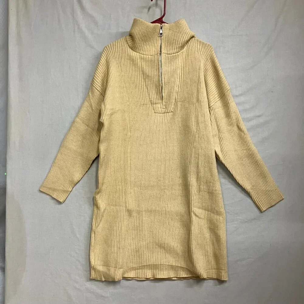Unbranded Women's Large Mustard 1/4 Zip Pullover Ribbed Sweater Dress Acrylic